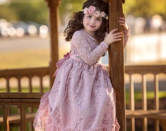 flower girl dress,pink girl lace dress,Dusty Rose lace dress,Country Rustic flower girl dress,long sleeve lace dress,Flower girl dresses 77