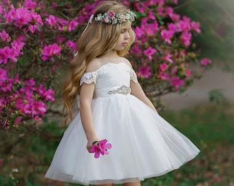 White Lace flower girl dress, Tulle Lace Flower Girl Dress, First Communion Dress, Boho Flower Girl Dress, Rustic Flower Girl Dress 19