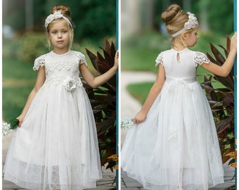 Off White flower girl dress,white Lace flower girl dress,Tulle Flower Girl Dress, Flower Girl Dress,Boho Flower Girl,First Communion 26