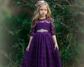 Purple Lace Flower girl dress,Bohemian Flower girl dresses,Eggplant rustic flower girl dress,Girls Christmas Dress,long sleeve 178