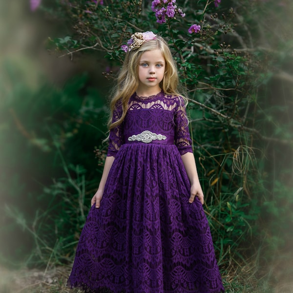 Purple Lace Flower girl dress,Bohemian Flower girl dresses,Eggplant rustic flower girl dress,Girls Christmas Dress,long sleeve 178