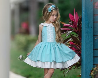Aqua Flower girl dress, girls lace dress, rustic flower girl dress, boho flower girl dress, beach flower girl dress, Baby lace dress 136