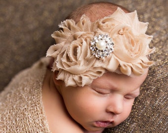 Baby Headband, Champagne baby headband,Newborn Headband, Newborn Headband, Baptism Headband, Baby Headbands,Shabby Headband,Flower headband