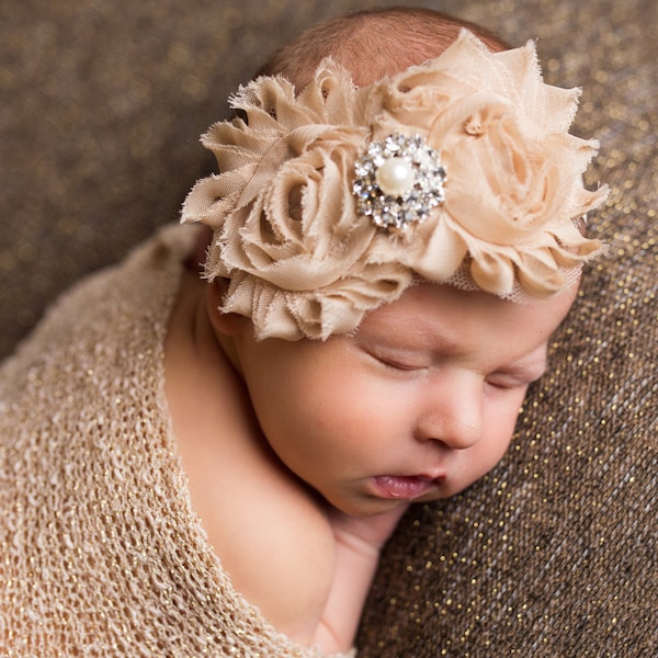 Baby Headband, Champagne baby headband,Newborn Headband, Newborn Headband, Baptism Headband, Baby Headbands,Shabby Headband,Flower headband