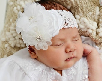 White Baptism Headband, Christening Headband, Baptismal Hair Bow, Baby Headband,Newborn Headband, Ivory Infant Headband, Baby Headbands.