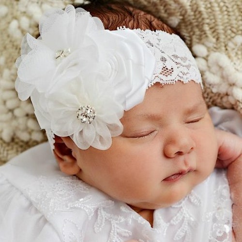 White Baptism Headband White Christening Headband Ivory Etsy