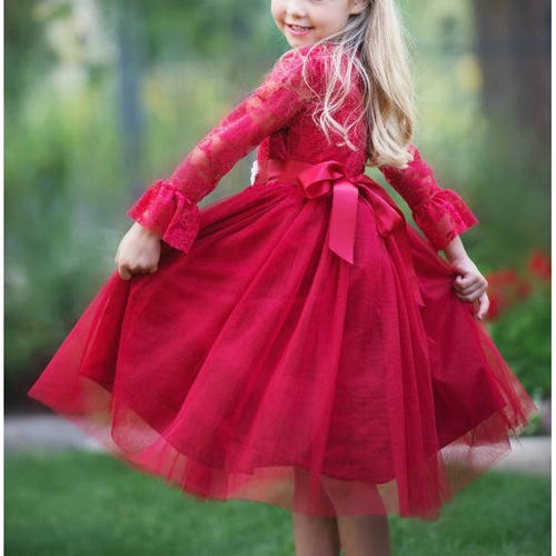 SALE Flower Girl Dressred Tulle Lace 
