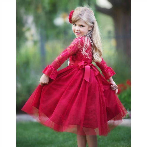 Flower girl dress,Red Tulle Lace Flower girl dress,Flower girl dresses, long sleeve dress, toddler, rustic,baby, girl Christmas dress 15