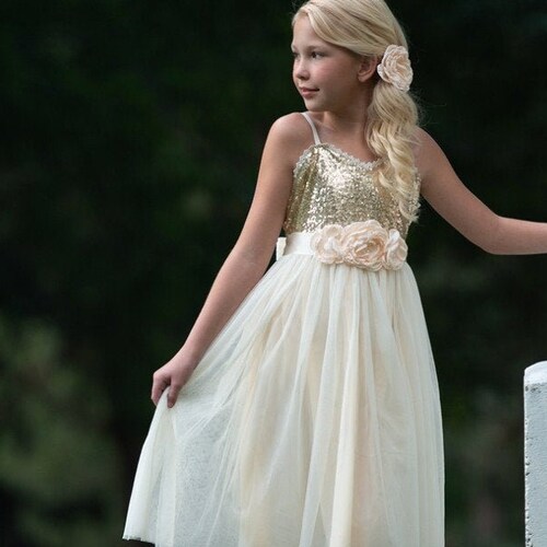 Ivory gold flower girl dress, Rustic sequin Flower girl dress, Country flower girl dresses, FG0115