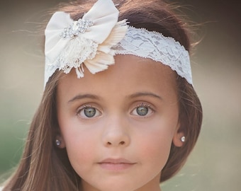 Ivory Feather Baby Headband, Vintage Inspired Rhinestone Flower Girl Christening Headband