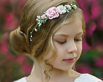 Kids Flower crown Bright Summer Girl floral crown Pink Baby Headpiece Beige Rose Hairpiece for girl Toddler Headpiece
