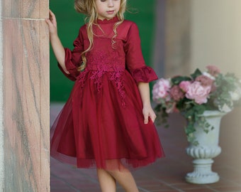 Lace Flower girl dress, Burgundy Flower girl dresses, Rustic flower girl dress, lace girls dress, tulle flower girl dress, baby dress #37