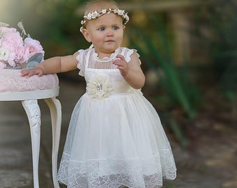 Ivory Flower Girl dress, Tulle Baby Girl Dress, Toddler Formal Dress, Communion Dress, Baptism Baby Dress, Boho Flower Girl Dress Rustic 34