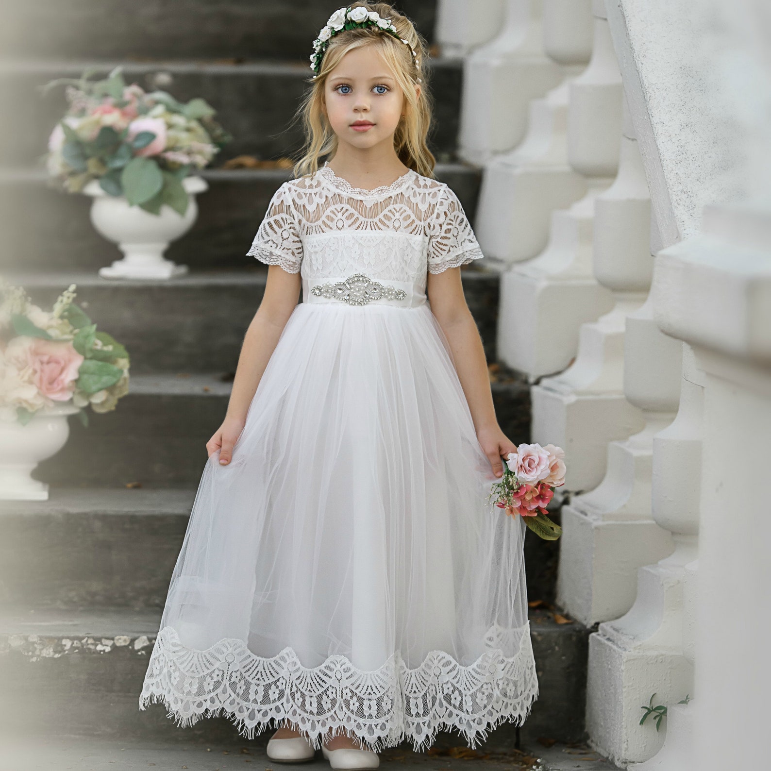 White Lace Flower girl dress Tulle Rustic flower girl dress | Etsy