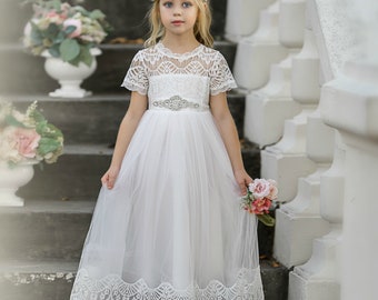 White Lace Flower girl dress, Tulle Rustic flower girl dress, Communion dress, Flower girl dresses, Baptism dress, baby girl lace dress 18