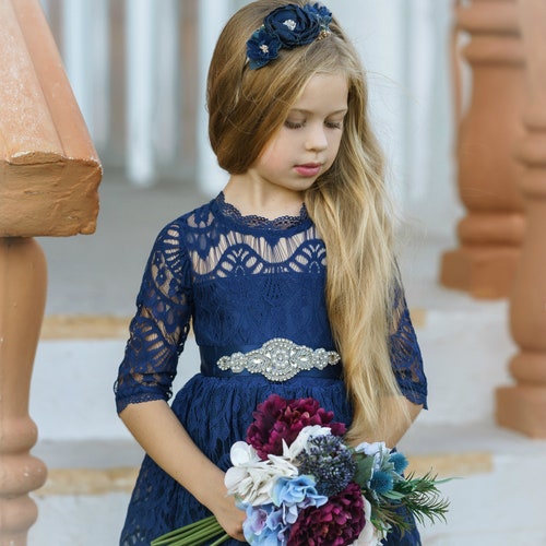 Lace Flower Girl Dress Navy Blue,Long Sleeve Flower Girl Dresses,Boho Flower girl dress,Rustic Lace Flower Girl Dress orders Burgundy 179