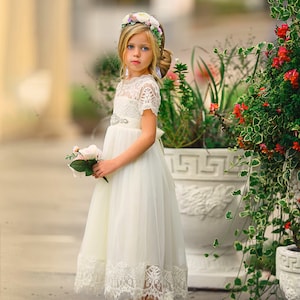 Lace Flower girl dress, Ivory Rustic flower girl dress, Communion dress, Flower girl dresses,Bohemian flower girl dress,Ivory lace dress 188