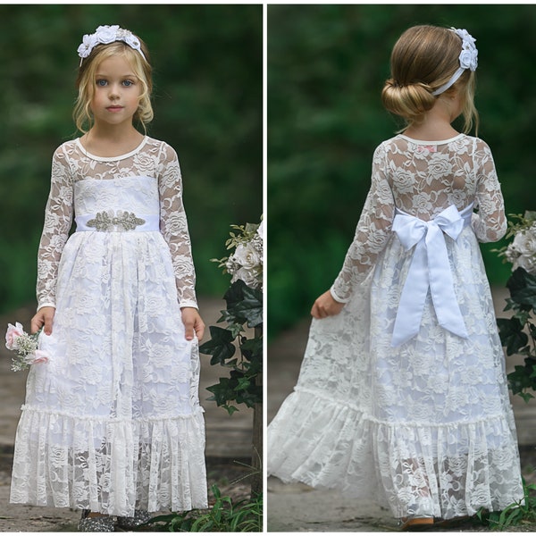 White Flower Girl Dress,Lace Flower Girl Dress,Boho Flower Girl Dresses,Long sleeve lace dress,Rustic flower girl dress,Communion Dress 80