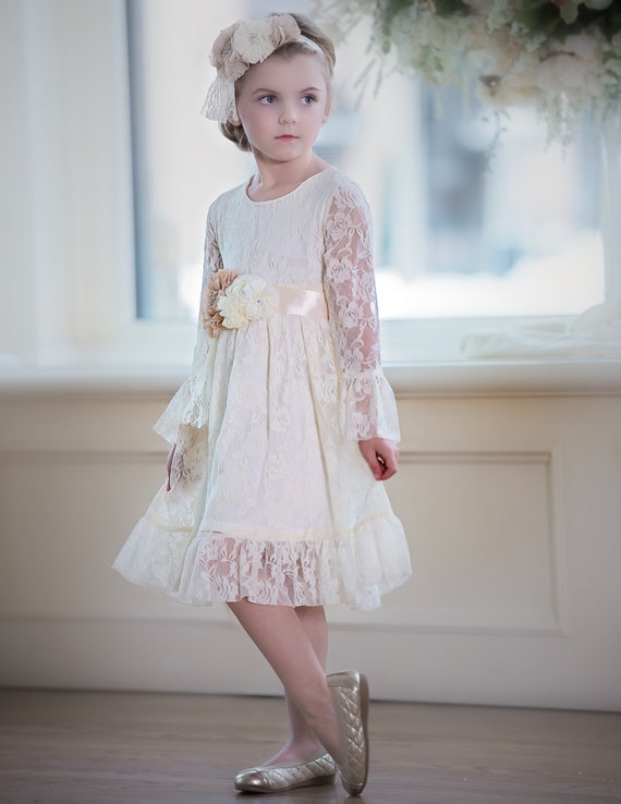 CLEARANCE Flower girl dress,first communion dress ,ivory lace dress Rustic  flower girl dress, junior bridesmaids. long sleeve girl dress 234