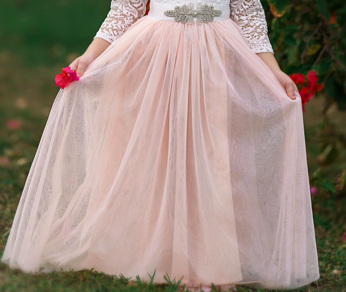 Blush Tulle Flower Girl Dress White Lace Flower Girl Dress Etsy UK