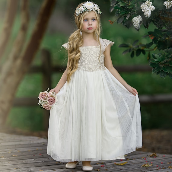 Off White Lace Flower Girl Dresstulle Rustic Flower Girl - Etsy