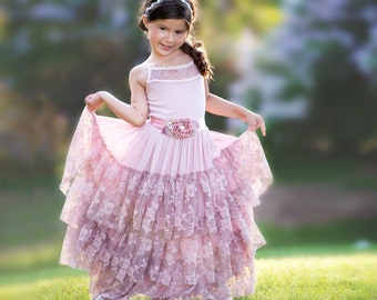 Dusty Rose Lace Flower Girl Dress,Flower girl dresses,Rustic Flower girl dress,Boho Flower Girl Dress,Blush Flower Girl dress,Pink Dress 59