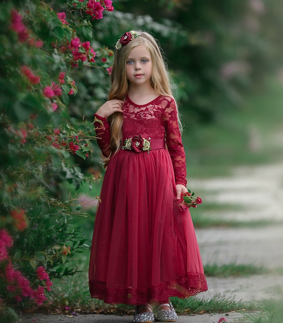 Burgundy Lace Flower Girl Dress, Christmas Rustic Lace Flower Girl