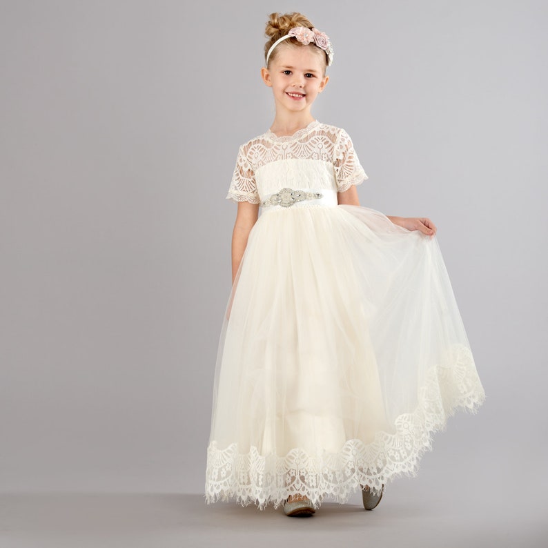 White Lace Flower girl dress Tulle Rustic flower girl dress | Etsy