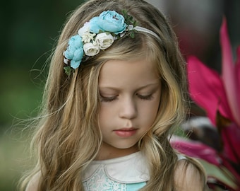 Baby Girl Blue Floral Headband, Newborn Flower Crown