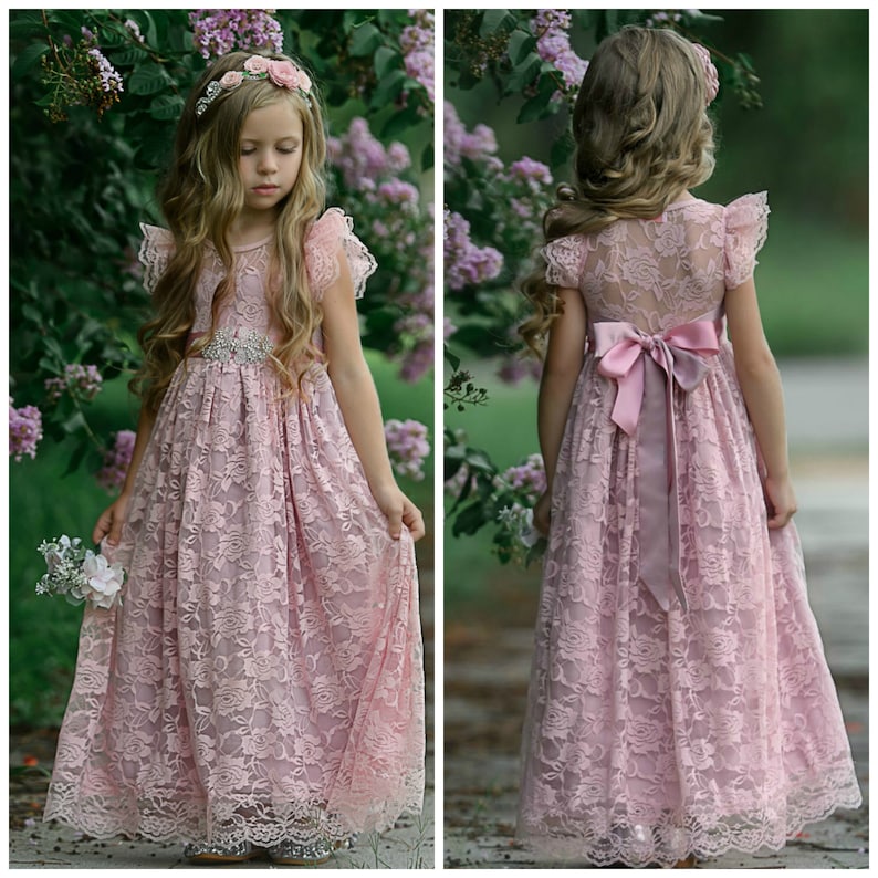 Lace girl dress, flower girl dress,flower girl dresses, Dusty Rose lace dress, cream toddler dress,Mauve lace dress,Rustic flower girl 165 
