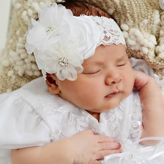 Bandeau de baptême, noued en dentelle bébé,accessoire cheveux blanc pour  petite fille, bandeau dentelle bébé - Un grand marché