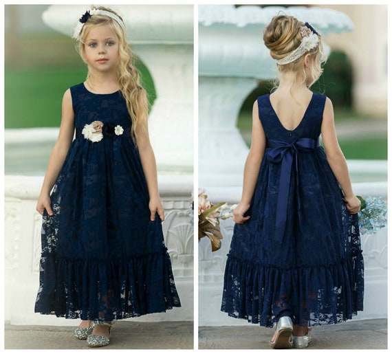 Navy flower girl dress girl lace dress country flower girl | Etsy