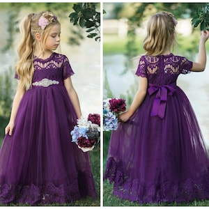 Lace Flower girl dress,Eggplant Rustic flower girl dress,Purple dress,Flower girl dresses,Bohemian flower girl dress, Purple lace dress 192