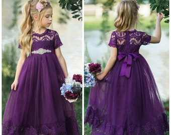 Lace Flower girl dress,Eggplant Rustic flower girl dress,Purple dress,Flower girl dresses,Bohemian flower girl dress, Purple lace dress 192