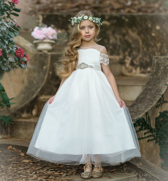 White Flower Girl Dress,tulle and Lace Flower Girl Dress, First