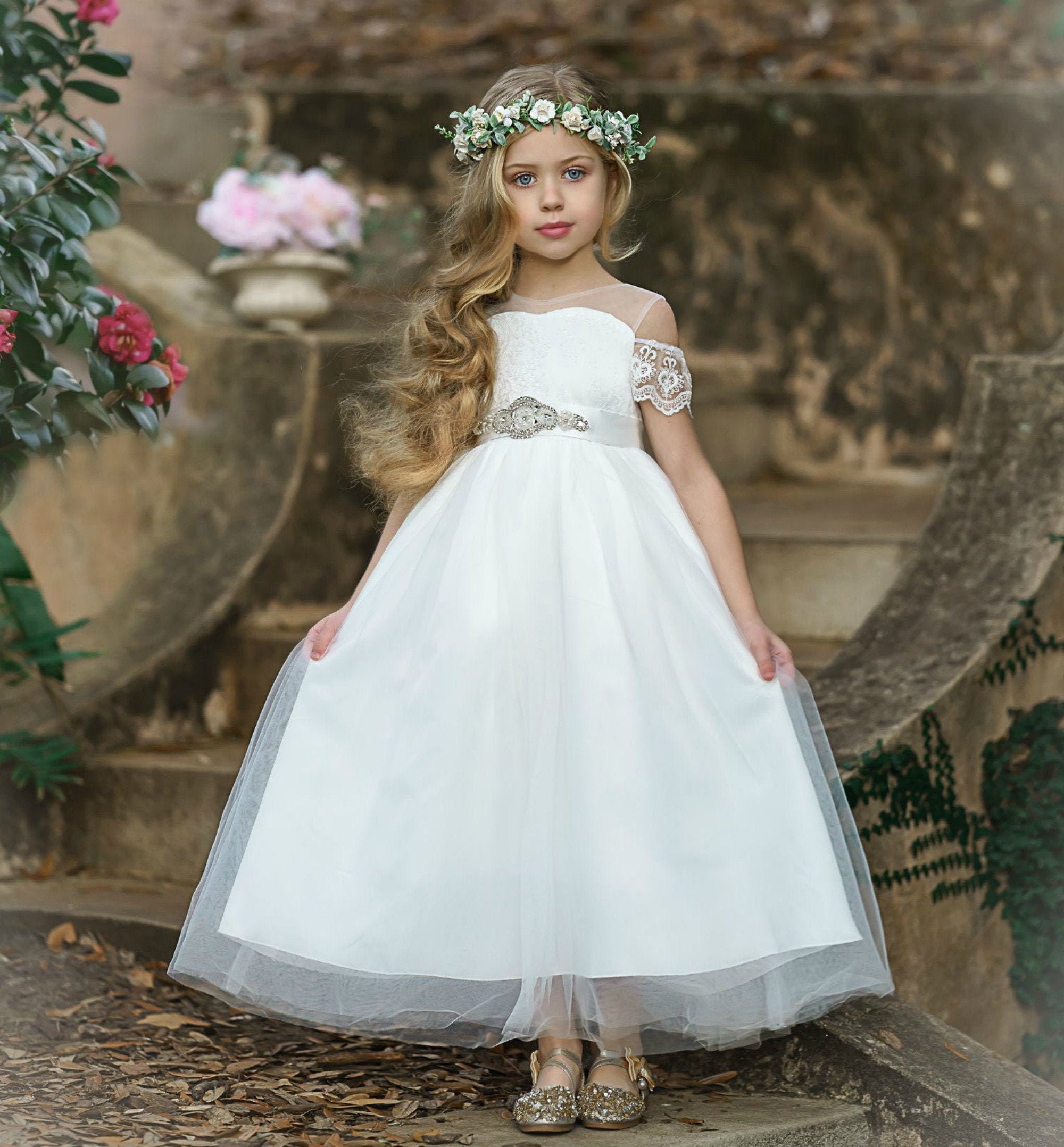 White Flower Girl Dresstulle and Lace Flower Girl Dress -  Israel