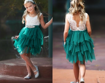 Tulle Flower Girl Dress, Girls Christmas Dress, Rustic Lace Flower Girl Dresses, Emerald Green Dress, Bohemian Baby Girl  Dress, Boho  123