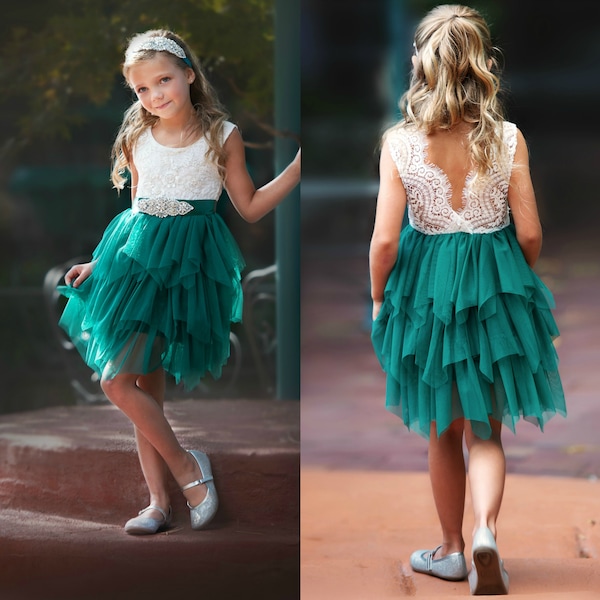 Tulle Flower Girl Dress, Girls Christmas Dress, Rustic Lace Flower Girl Dresses, Emerald Green Dress, Bohemian Baby Girl  Dress, Boho  123