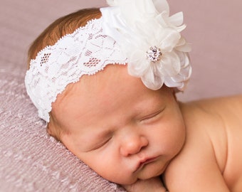 Baby Girl White Ivory Christening Headband Baptism Wedding Bow Naming Hairband 
