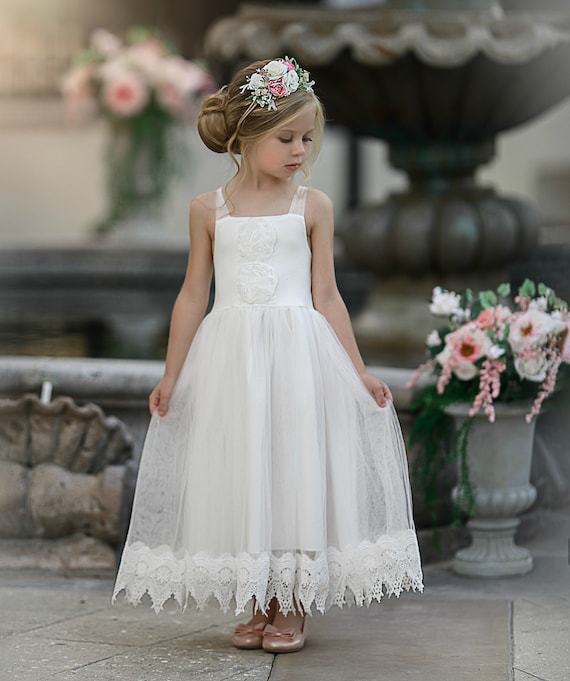 Vintage Lace  Flower Girl Dress Princess Party Rustic Country Formal Maxi Gown 