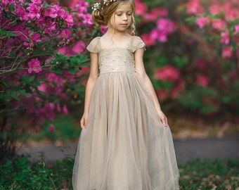 TAUPE Lace Flower girl dress, Tulle Rustic flower girl dress, Toddle Flower Girl, Flower girl dresses, Boho dress, baby girl lace dress #02