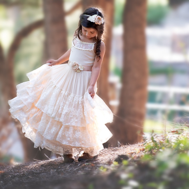 Champagne Flower Girl Dress, Lace Flower girl dresses, Rustic Flower girl dress, boho flower girl dress, beach wedding flower girl dress, 58 