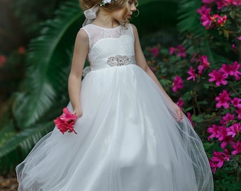 White Lace Flower Girl Dress, Tulle Toddler Party Dress, Rustic Lace Baby Girl Dress, Formal Communion Dress, Boho Flower Girls Dress, 24