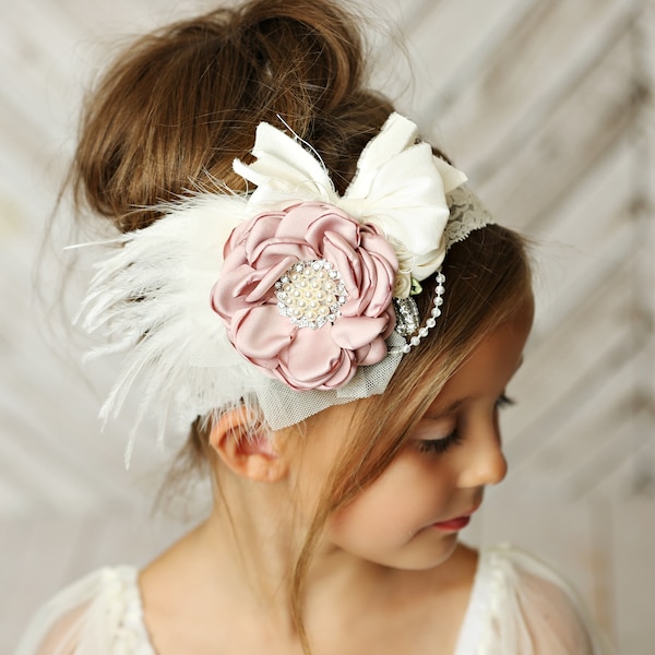 baby girl headband, girl headband, couture headband, dusty rose headband,Baby headbands , fancy headband, lace headband, vintage headband