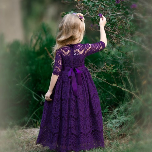 Lace Flower Girl Dress Navy Blue,Long Sleeve Flower Girl Dresses,Boho Flower girl dress,Rustic Lace Flower Girl Dress orders Burgundy 179