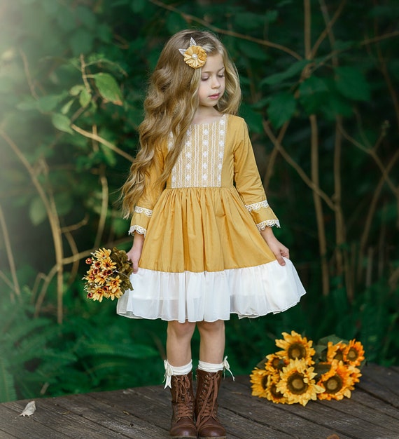 Vestido de niña de flor amarilla mostaza vestido encaje de - España