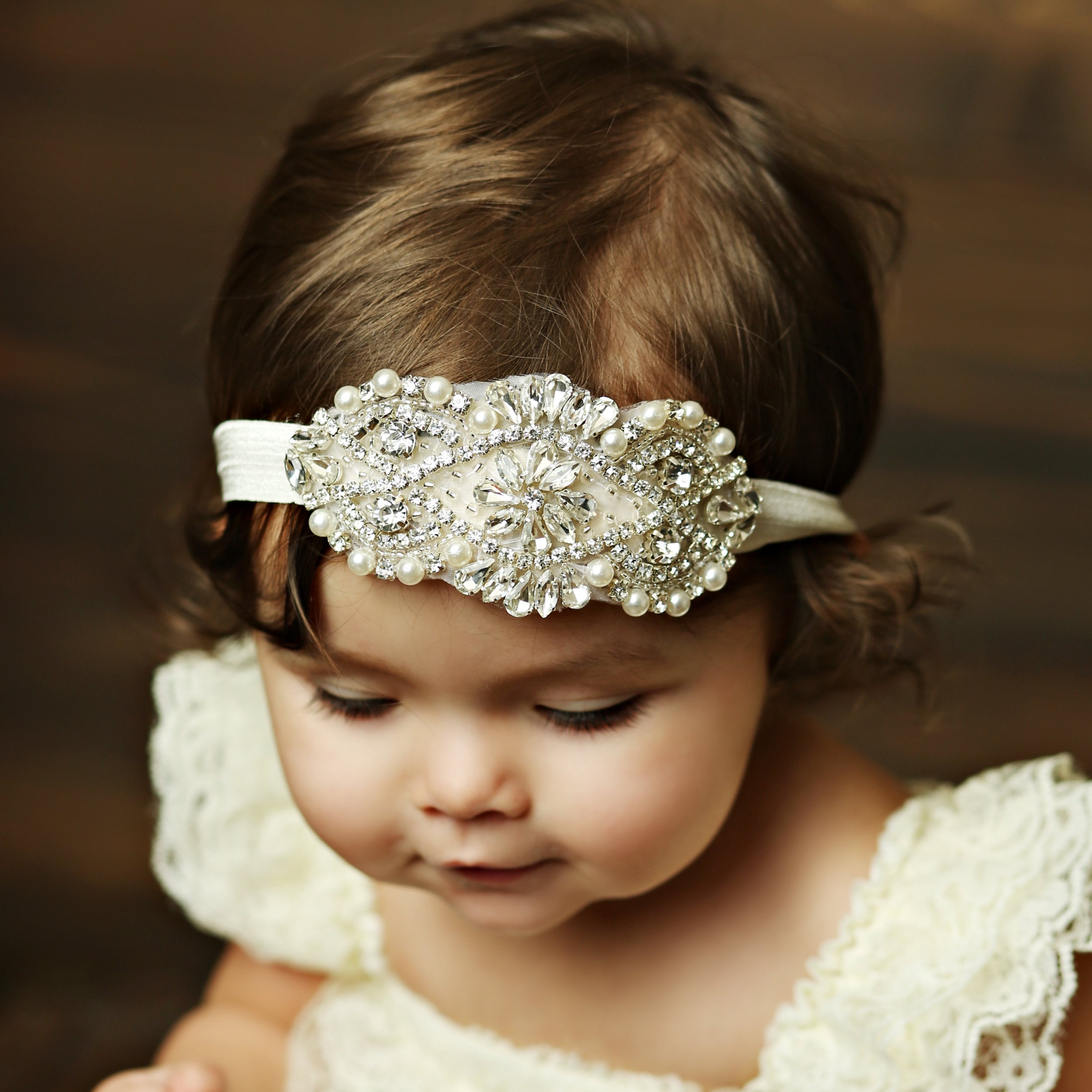 Little girl baby christening baptism flower girl headband stretchy hair band 