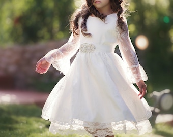 Lace Flower Girl Dress,Flower Girl Dresses,Baby Lace Dress,First Communion Dress,Bohemian Flower Girl Dress,White Lace Baptism Dress, 112