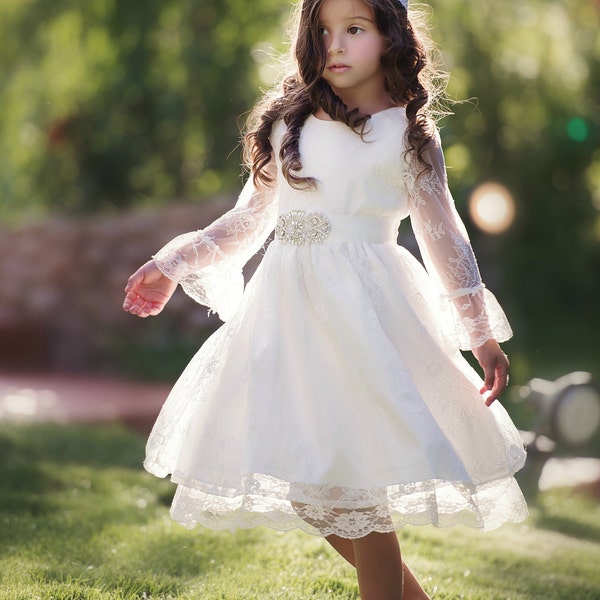 Lace Flower Girl Dress,Flower Girl Dresses,Baby Lace Dress,First Communion Dress,Bohemian Flower Girl Dress,White Lace Baptism Dress, 112