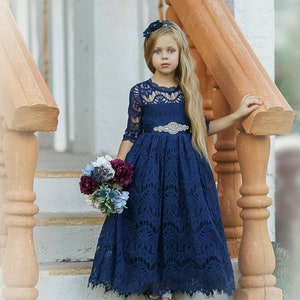 Lace Flower Girl Dress Navy Blue,Long Sleeve Flower Girl Dresses,Boho Flower girl dress,Girls Christmas Dress 179
